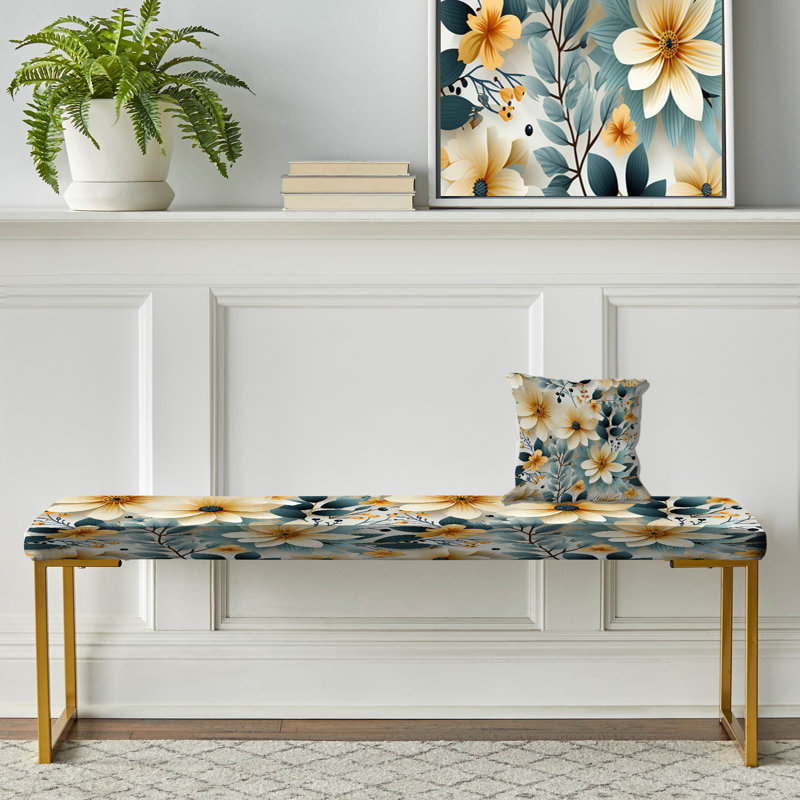 White And Green Geometric Beige Floral Beauty - Floral Upholstered Gold Bench