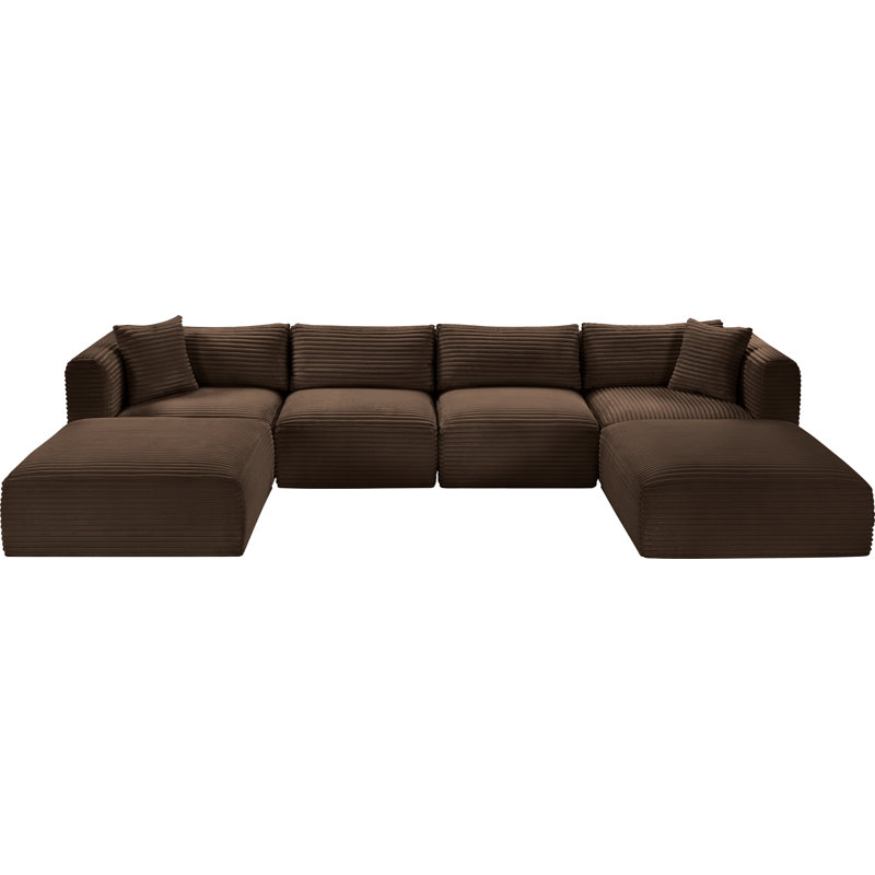 Canapé modulaire Carmean, Velours côtelé texturé brun, 2 repose-pieds sans accoudoirs, 2 en coin, 2 repos