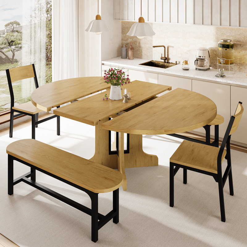 Einhomn 5-piece Round Dining Table Set For 4-6,59" Extendable Kitchen Table With 2 Ergonomic Chairs & 2 Benches,oval Modern Dining Room Table With Mdf Board For Small Space,easy Clean,oak