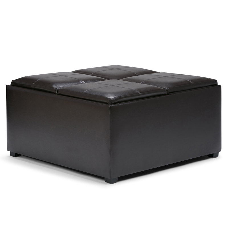 Avalon 35"W Upholstered Vegan Leather Modern Square Coffee Table Storage Ottoman with 4 Flip-Over Trays, Black
