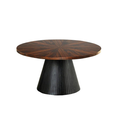 Contemporary Black Round Coffee Table with High Gloss Parquet Pattern and Reeded Drum Base