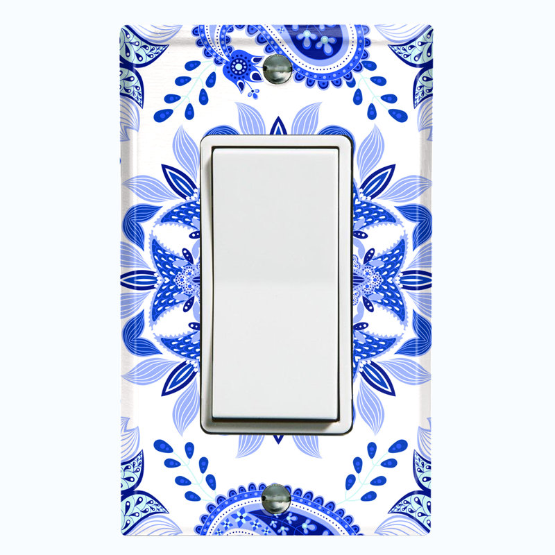 Metal Light Switch Plate Outlet Cover (Blue White Mandala Flowers Tile   - Single Toggle), Blue
