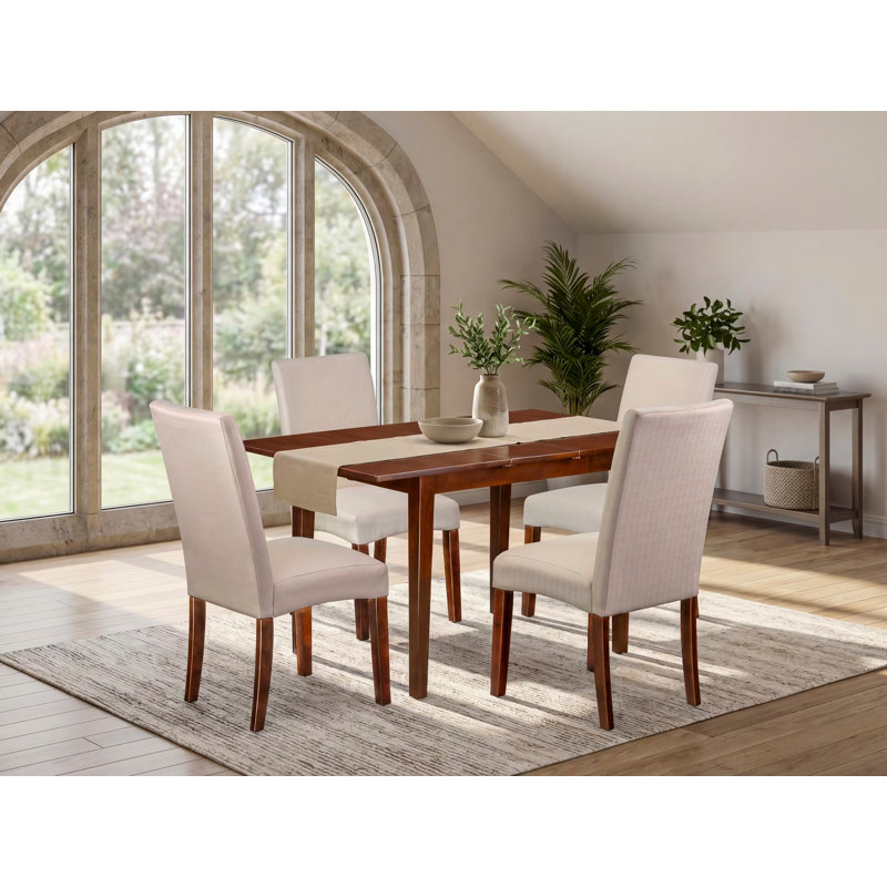 Ensemble de table de salle à manger 5 pièces pour 4 personnes comprenant une table de cuisine rectangulaire avec rallonge papillon et 4 chaises Parson en tissu crème, 32 x 54 pouces, acajou