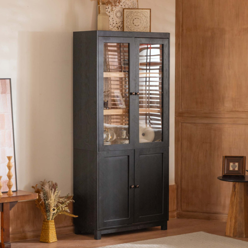 Ash Wood Grain Display Cabinet, Bookcase With Glass Doors & Adjustable Shelves, Mid-Century Modern Bookshelf, Curio Cabinet For Hallways, Livingroom Kitchen & Office