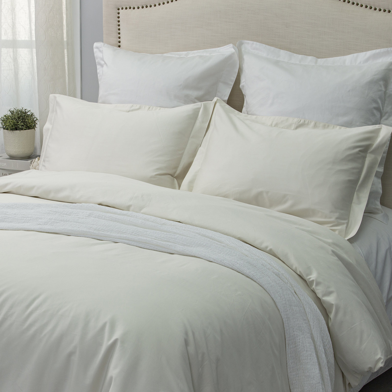 Cotton Sateen Duvet Cover Set, Queen Duvet Cover + 2 Standard Shams, Ivory