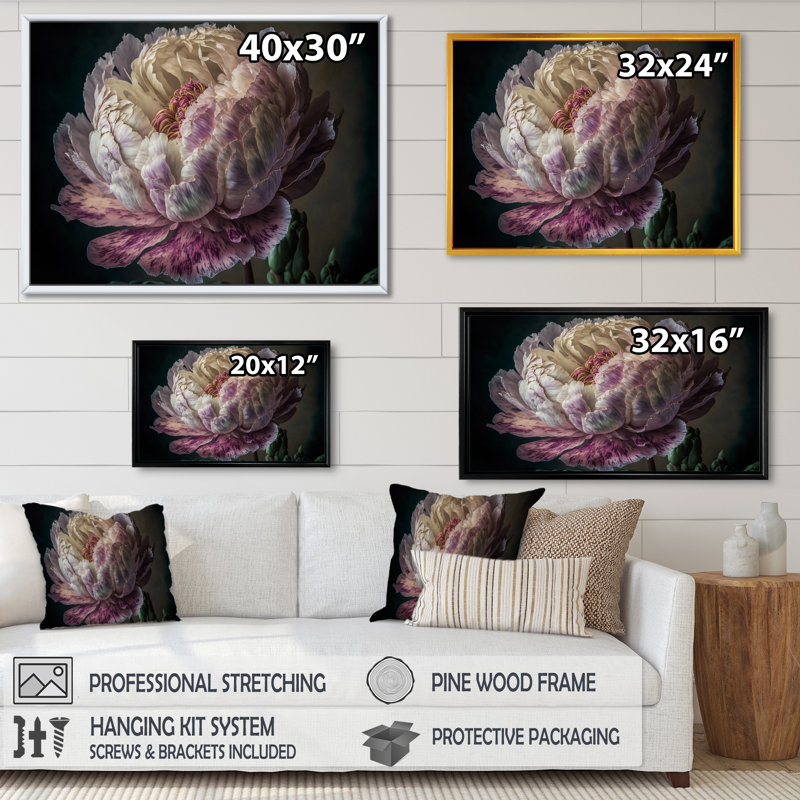 «Blossoming Pink and White Peony II», reproduction sur toile, Cadre flottant noir, H 12 po x l 20 po x P 1 po