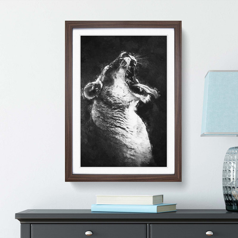 Yawning Lioness - Framed Print, 36cm H x 27cm W x 2cm D, Walnut Framed