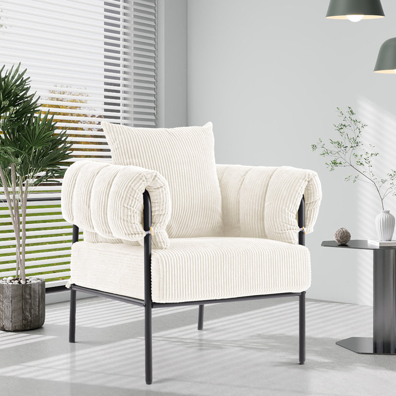Fauteuil d'appoint moderne avec coussin, fauteuil canapé confortable et rembourré avec structure en métal, idéal pour le salon, la chambre ou un coin lecture, couleur ivoire.