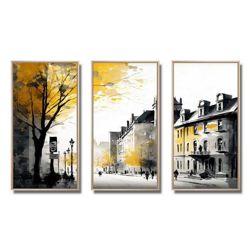 Vieux paysage urbain du Québec I - impression 3 pièces, H 32 po x l 48 po x P 1 po, Encadré naturel