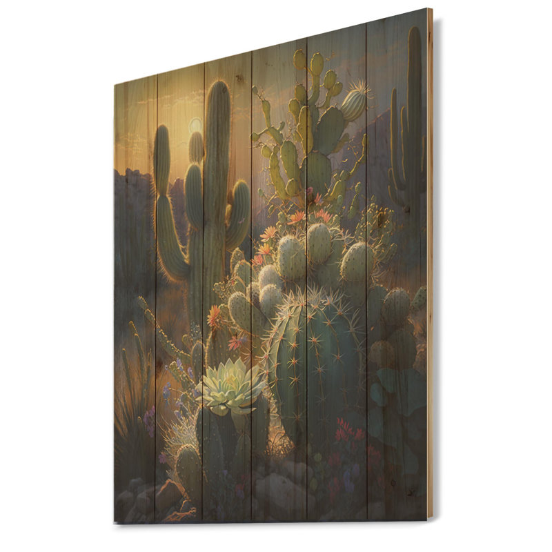 Cactus dans le désert III - impression sur bois sans cadre, H 20 po x l 12 po x P 1 po