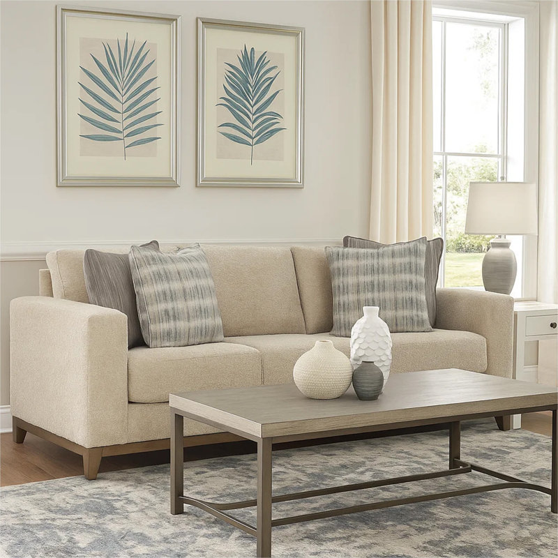 Canapé Chesleigh 93 po, 4 coussins décoratifs, pieds en faux bois, polyester beige
