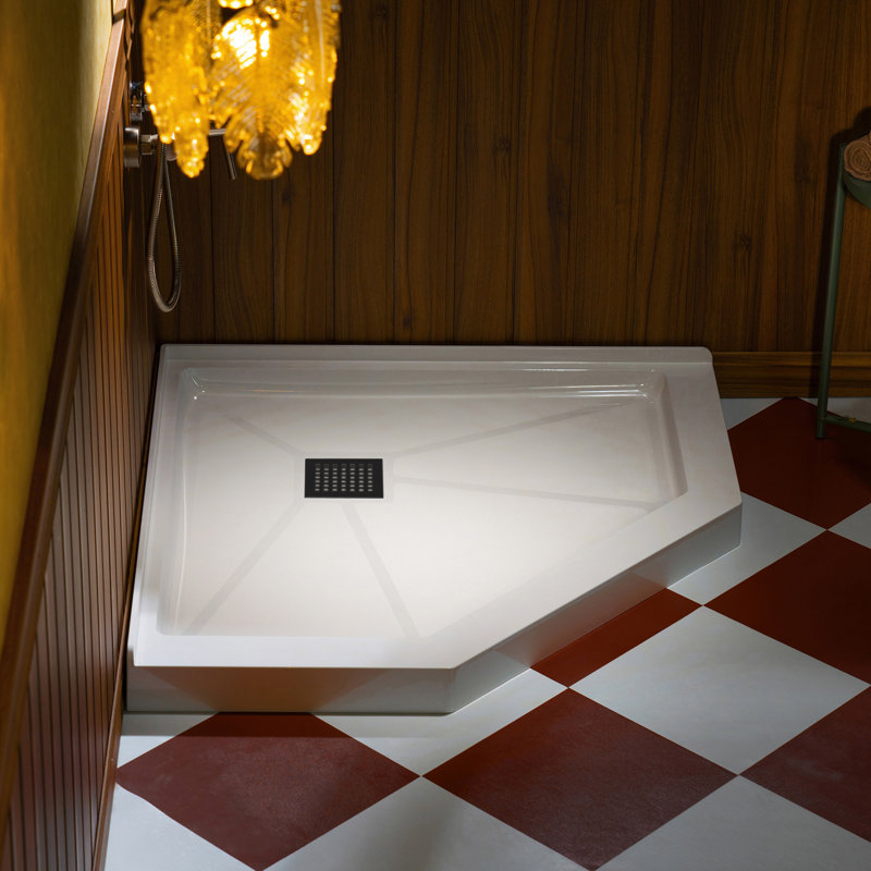 WOODBRIDGE 38 In. X 38 In. Solid Surface Neo-Angle Shower Base Pan Drain Cover, Matte Black/White