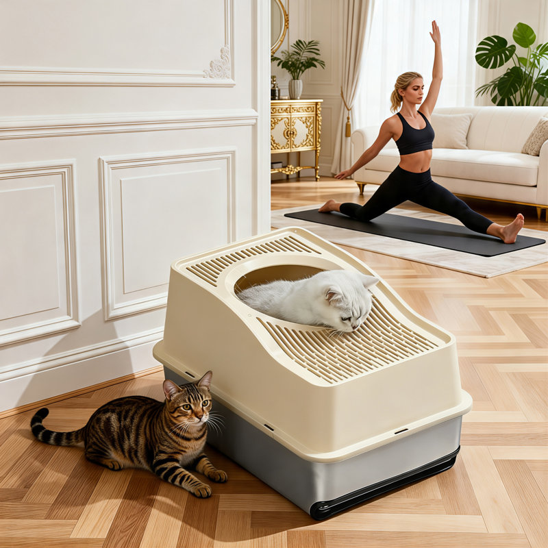 Enclosed Stainless Steel Cat Litter Box with Drawer – High Sided, Anti-Splash, Easy to Clean, Large Covered Cat Toilet for Indoor Cats – White, 60x40x35cm, Outer Stainless Steel Basin 15cm