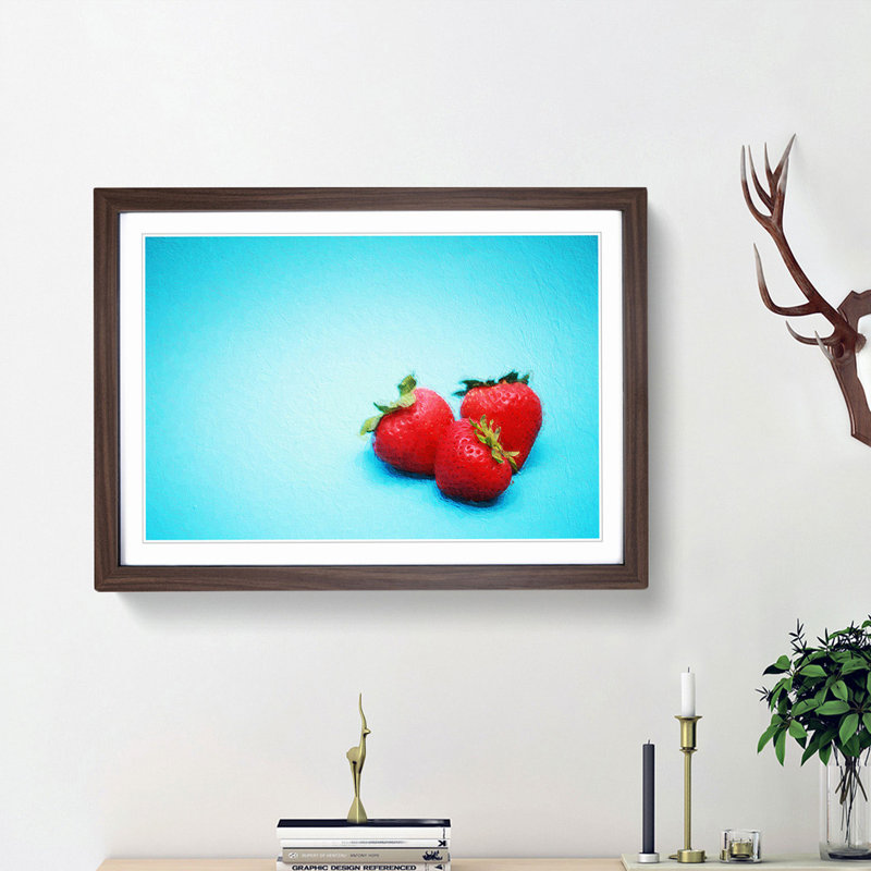 Three Strawberries - Picture Frame Painting Print, 48cm H x 65cm W x 2cm D, Walnut Framed