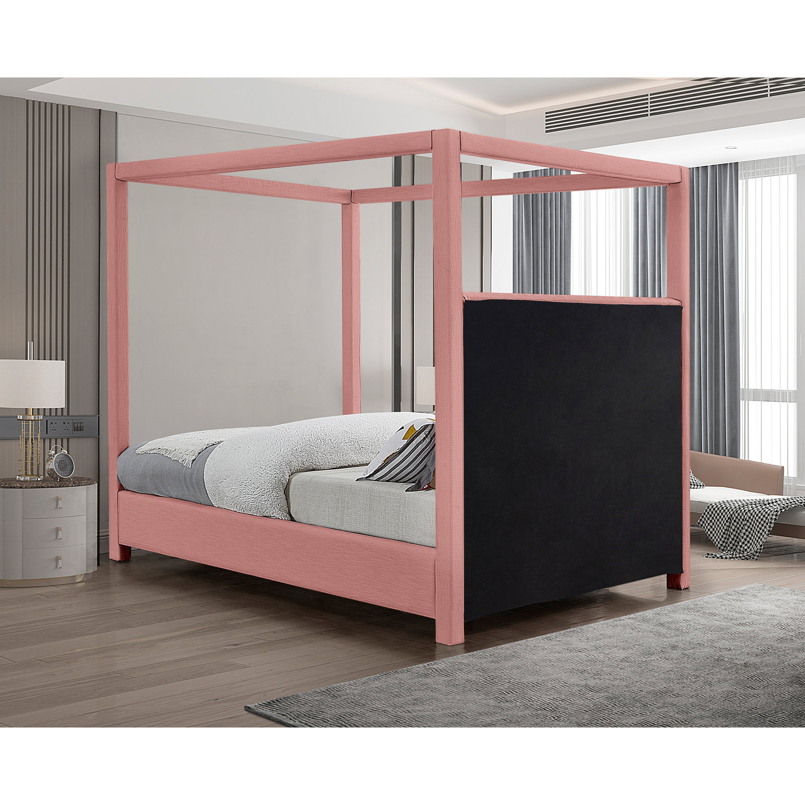 Mistaya Upholstered Canopy Bed, King, Pink Linen