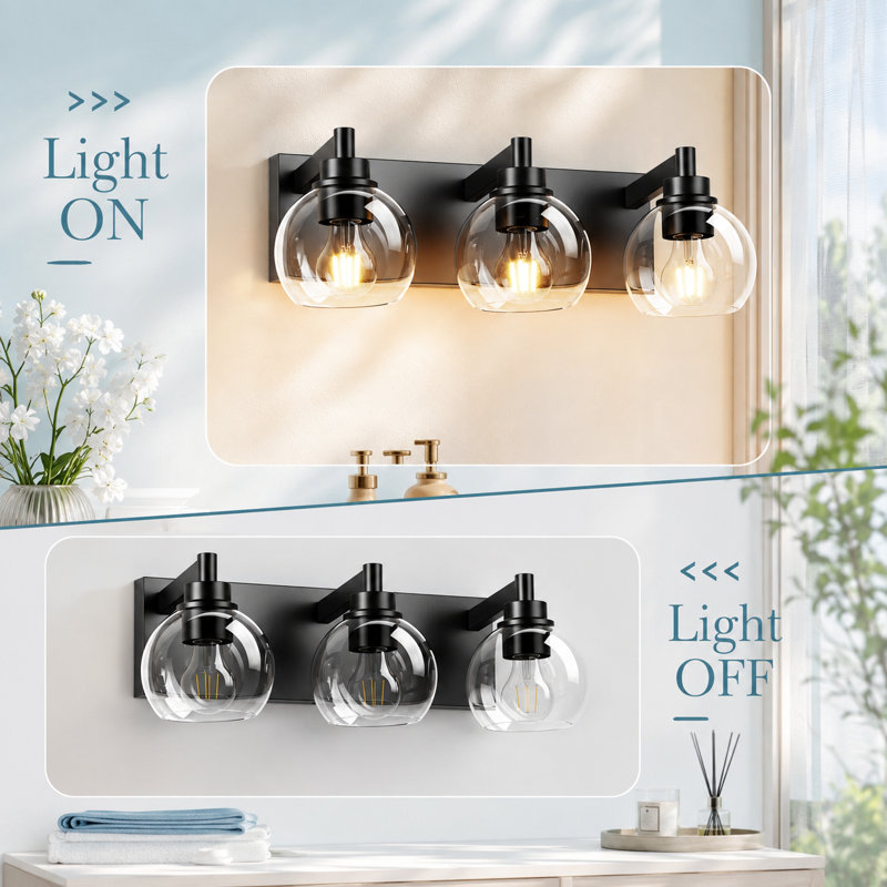 3-light Matte Black Vanity Light With Clear Glass Globe Shade,for Bathroom, Kitchen, Bedroom