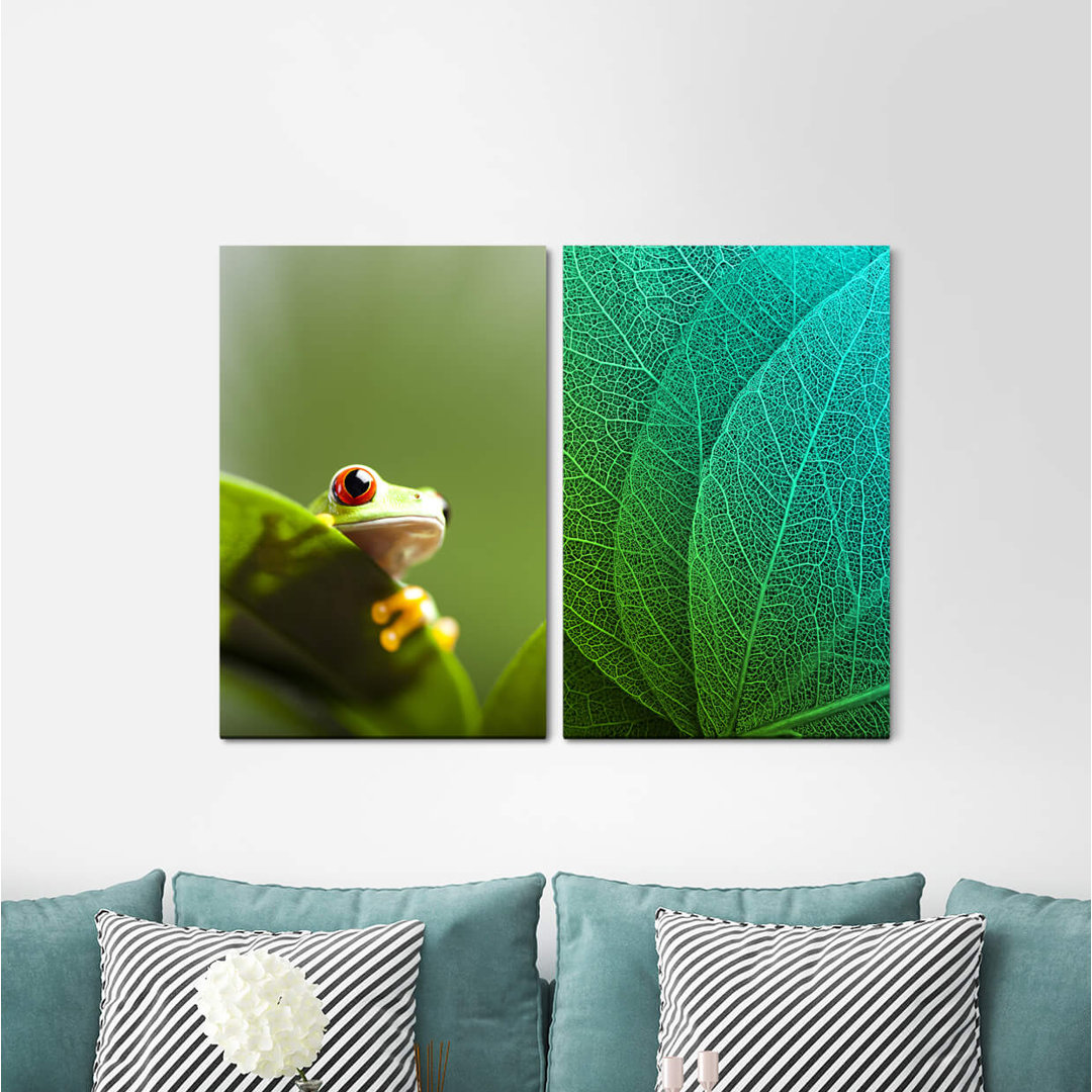 2-tlg. Leinwandbilder-Set - Fotografie „Green Frog Veins Leaf Friendly Fresh”