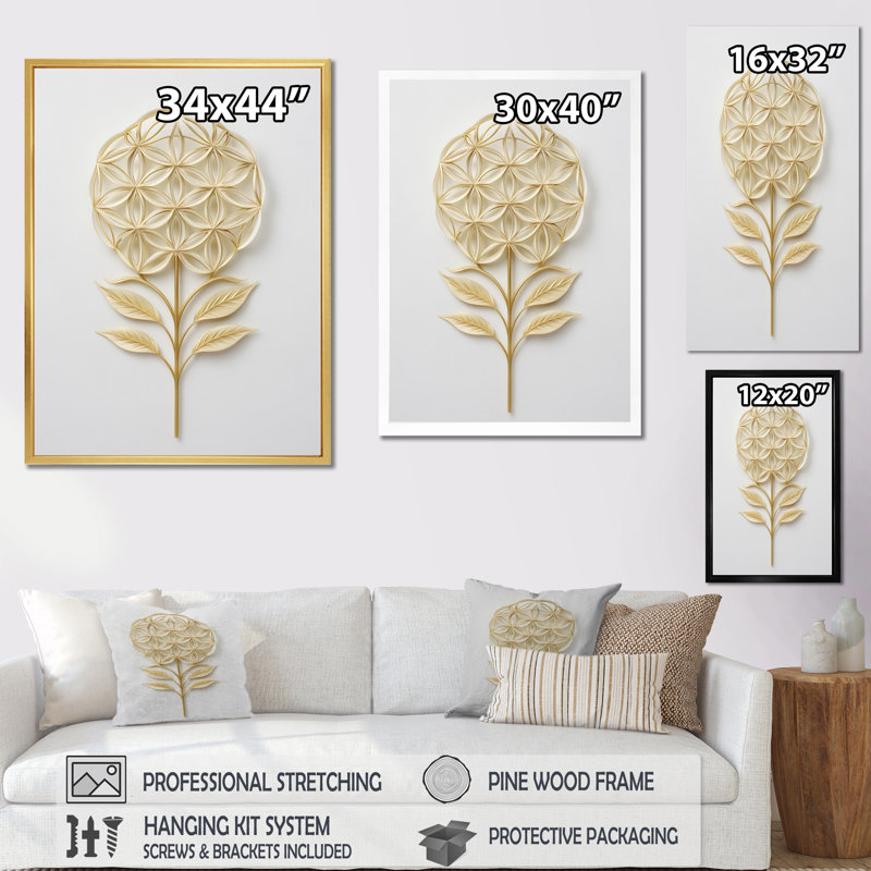 Fleur de vie, élégance dorée sur toile, Cadre flottant noir, H 44 po x l 34 po x P 1,5 po