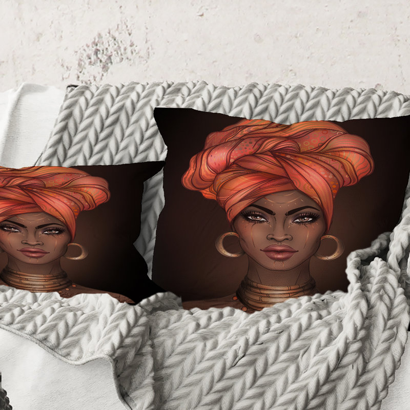Carré, femme afro-américaine avec un turban V - Coussin décoratif imprimé moderne, 16" x 16"