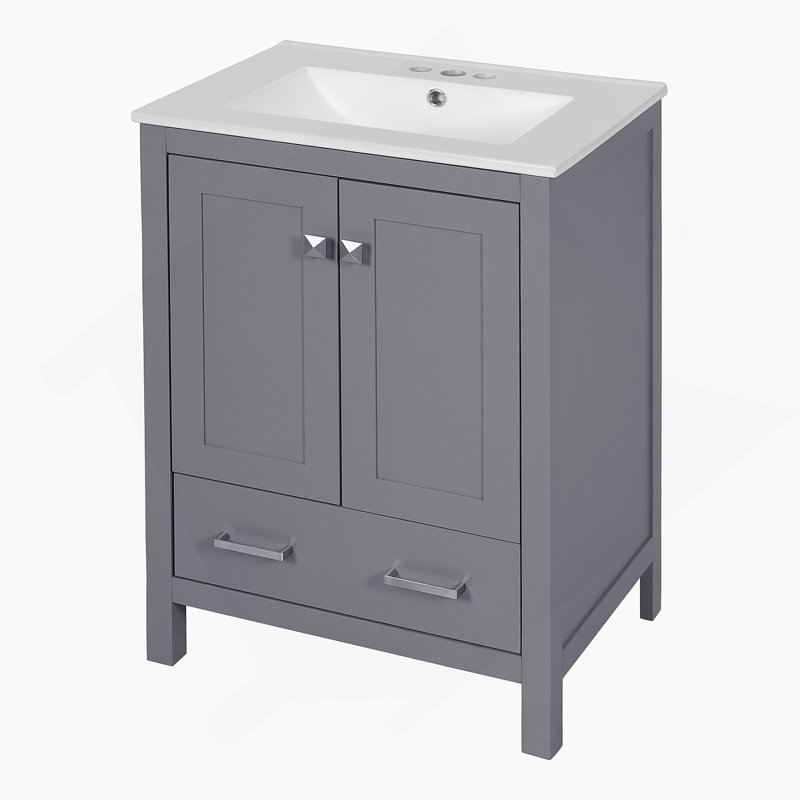 Meuble-lavabo de 24 pouces avec lavabo encastré intégré et armoire de rangement avec 2 portes et 1 tiroir. Comprend une tablette de porte à double couche, conception à fermeture en douceur