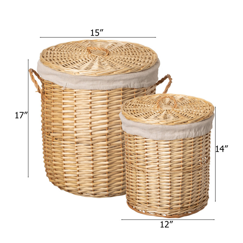  Set Of 2 Round Willow Wicker Laundry Baskets With Lids Side Handles & Removable Fabric Liners Natural Decorative Storage Hampers For Clothes Towels Blankets And Everyday Home Organization