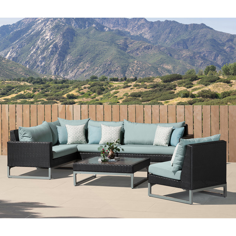 Ensemble de conversation modulaire en rotin avec coussins 6 pièces Likeko, Brun, Toile spa Sunbrella®