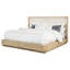 Grand lit au design côtier moderne, finition chêne beige, tête de lit à oreilles revêtue de tissu, peuplier massif et placage, structure en bois d'ingénierie de 73,5 pouces de long, tête de lit souple d'une hauteur de 50,78 po