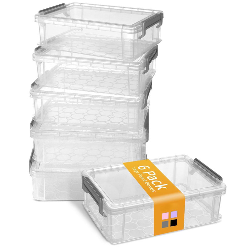 6 Pack Extra Large Plastic Pencil Box, Clear Marker Storage Box, Plastic Container With Lid, Stackable Storage Box