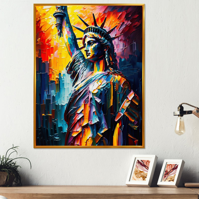 Statue colorée de la liberté II - art mural ville, H 32 po x l 24 po x P 1 po, Cadre flottant doré