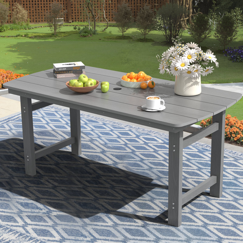  Rectangular HDPE Outdoor Dining Table With Umbrella Hole, Gray