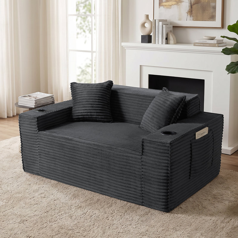 Boneless 61'' W Oversized Foam Sofa Loveseat with Pillows, Compression Corduroy 2-Seater Sofa Upholstered Couch with 2 Cup Holders for Living Room, Bedroom, Apartment, Office