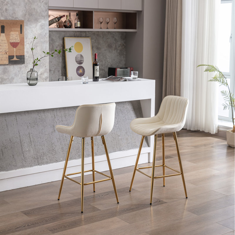 Ensemble de 2 tabourets de 30 pouces avec repose-pieds chromé en velours, Beige