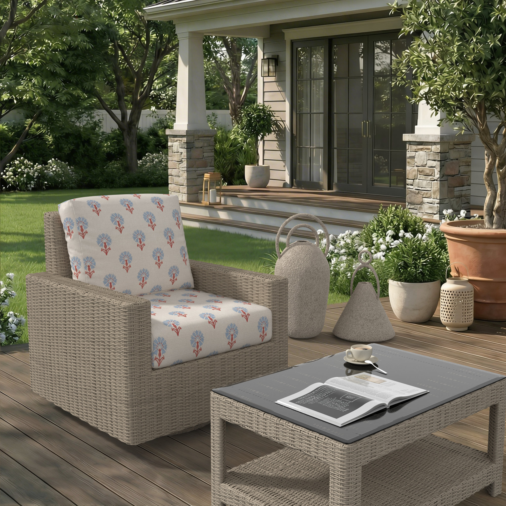 Outdoor Swivel Chair With Sunbrella Cushions, Floral, Mira Bluebell