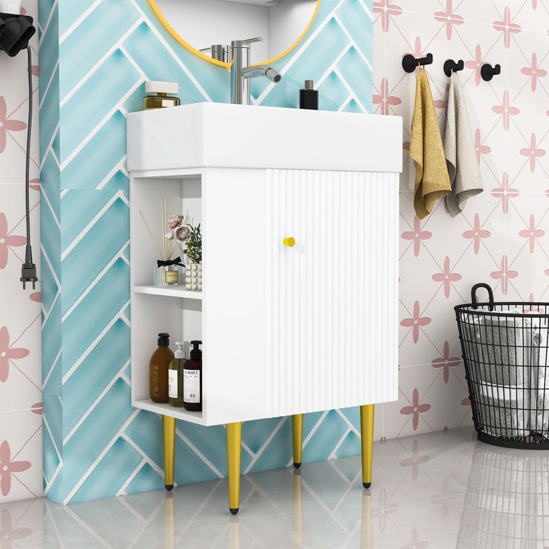 Meuble-lavabo élégant avec lavabo en céramique, rangement à gauche et détails dorés, Blanc / Doré