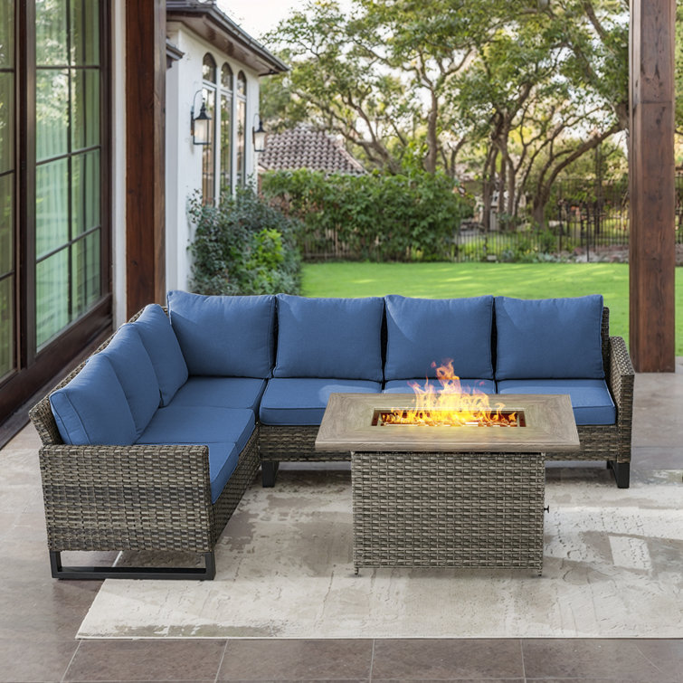 Ingvald 6- Person Outdoor PE Wicker Sectional Seating Group with Fire Pit Table and Cushions
