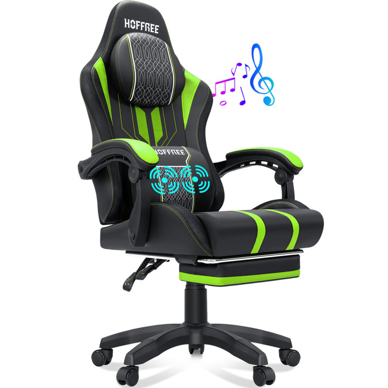 Hoffree Extra Wide Gaming Chair Ergonomic Gaming Chair with Bluetooth Speakers Massage Lumbar, Green/Black