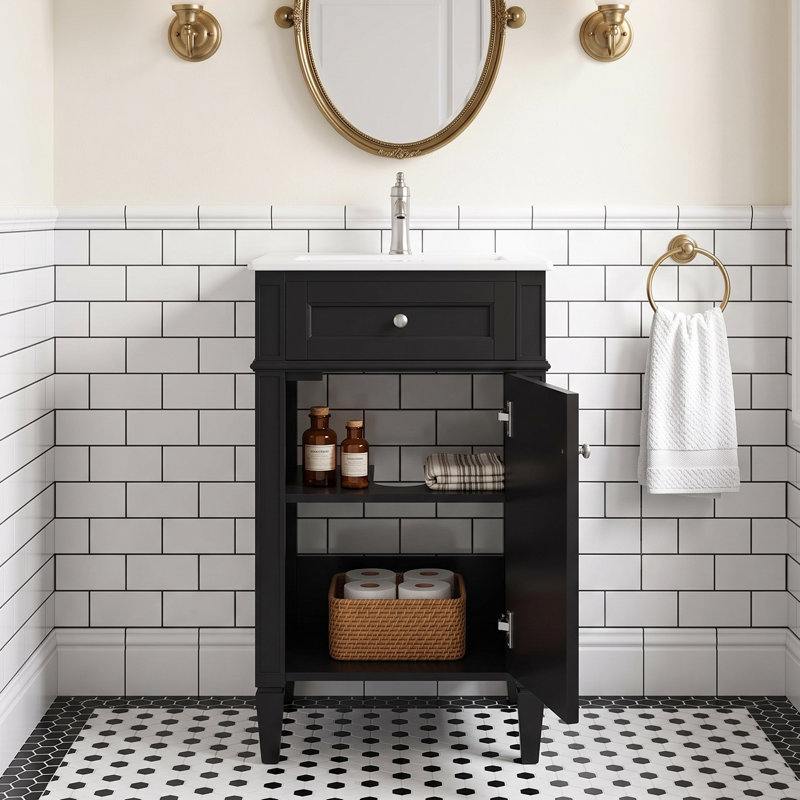 Meuble-lavabo sur pied de 45,7 cm (18 po) avec lavabo simple et dessus en céramique, Black