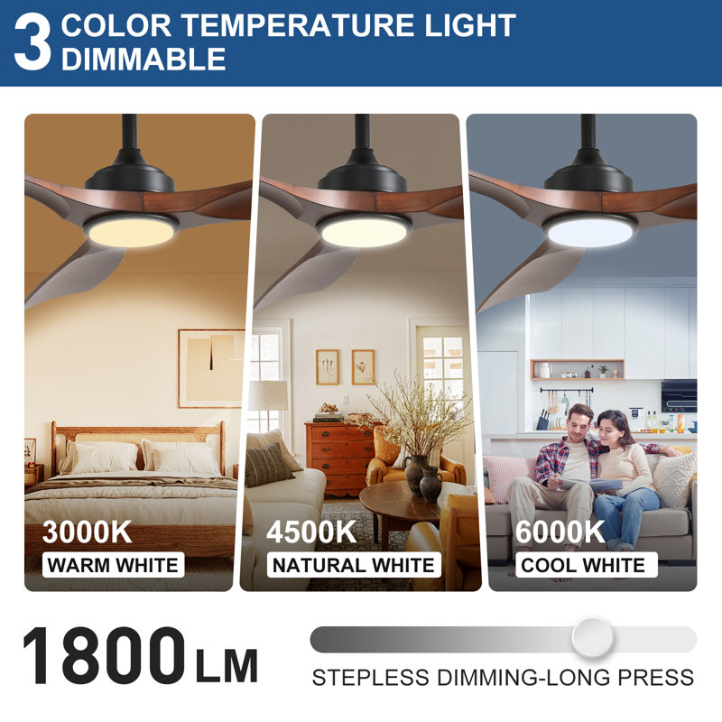 Ventilateur de plafond 52 po intérieur / extérieur moderne en noyer pour patio avec lumière et télécommande réversible à 6 vitesses