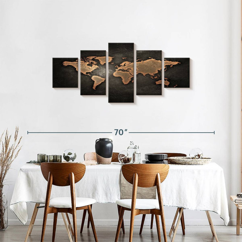 Carte du monde en cuivre sur toile, ensemble de 5 pièces, H 55 po x l 24 po x P 1,25 po