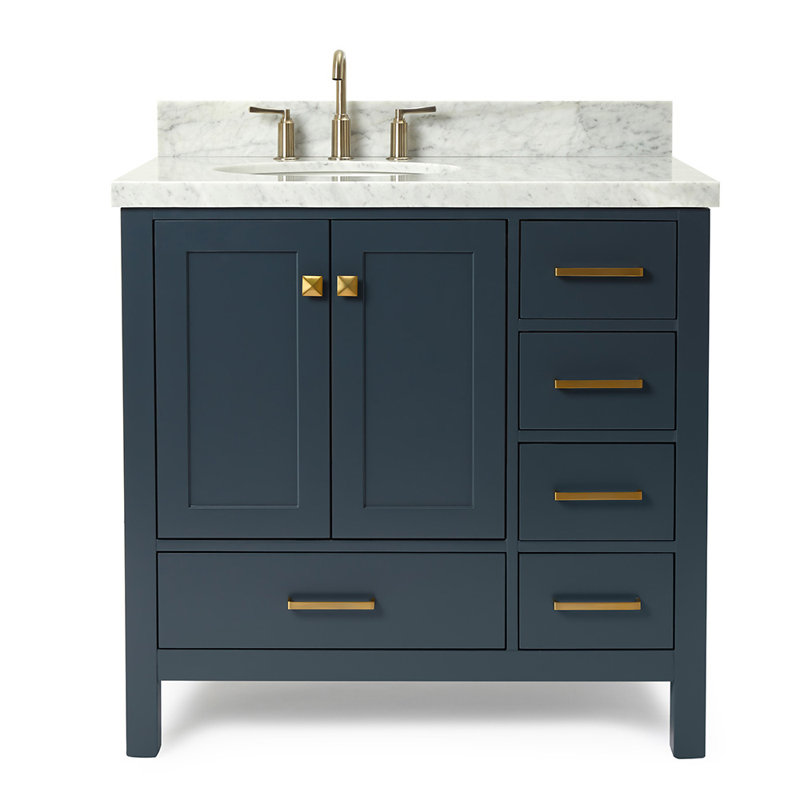 Cambridge 37'' Single Bathroom Vanity with Carrara Marble Top, Midnight Blue, Oval