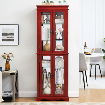 Intricate Storage Cabinet With Square Top Trim - Cherry Wood Internal Lighting, Adjustable Shelves, Movable Partition For Pantry