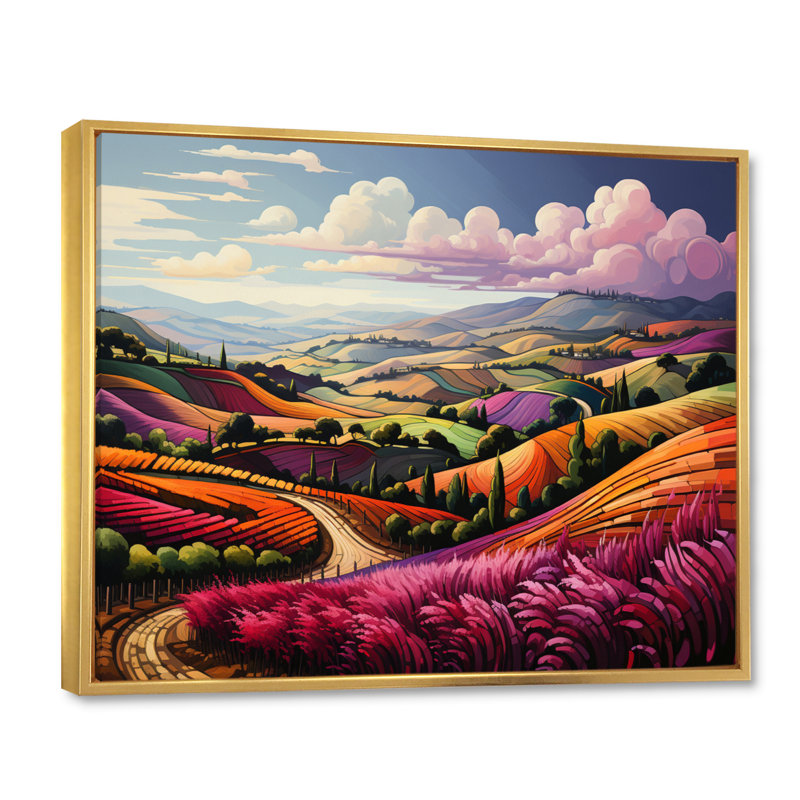 Mauve, orange, vigne, rangées de rubis sur toile, Cadre flottant doré, H 34 po x l 44 po x P 1,5 po
