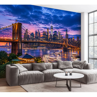 Wall Mural Peel and Stick Wallpaper New York City Skyline Brooklyn Bridge Illuminated Waterfront Landscape Self-Adhesive Removable Contact Paper Wall Decor for Living Room Bedroom 100"H x 144"W