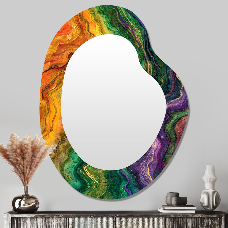 Rainbow Stone Structure Waves - Marble Asymmetrical Decorative Mirror, Modern Unique Shape Wall Mirror, Printed Metal Art