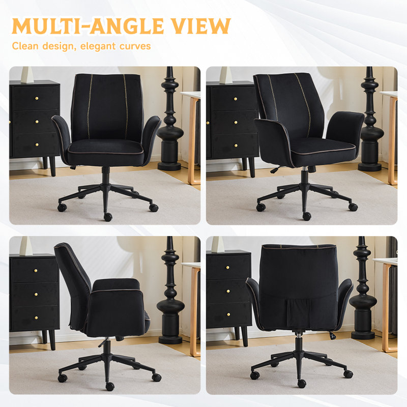 28.5“ W Velvet Dovetail Swivel Office Chair With Wheels, Black