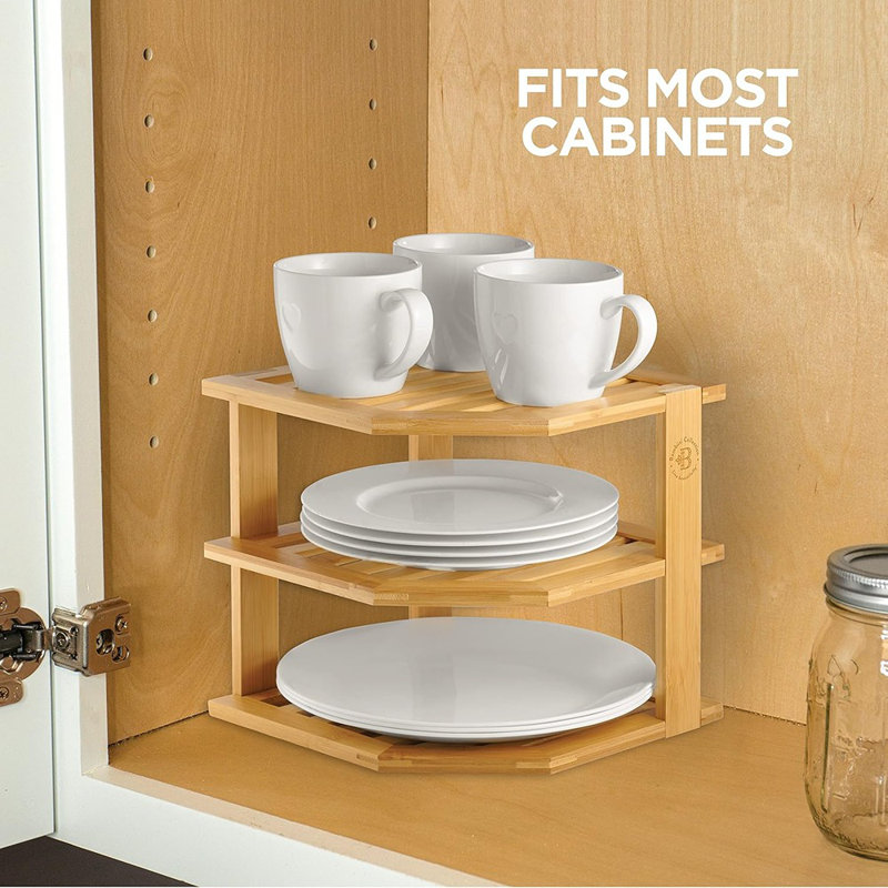 Cabinet Organizer Shelf - Kitchen Organizer & Plate Organizer For Cabinet Space Saver, Stackable Bamboo Corner Rack For Dishes, Bowls, Bread Pantry, Kitchen Countertop Stand Or Bathroom Storage