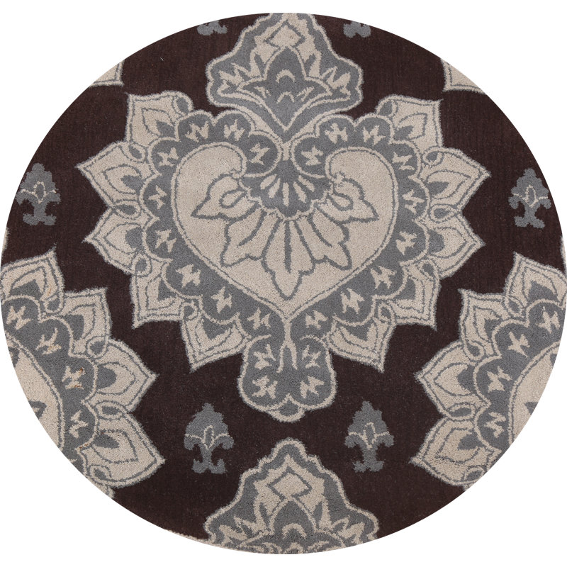 Tapis rond brun / gris en laine touffeté à la main, Rond 4 pi 10 po