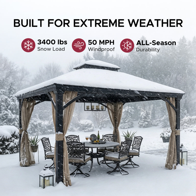 Sunjoy 10 x 12 ft Metal Gazebo with Black Rustproof Aluminum Frame Two Tier, Ceiling Hook and Mosquito Net