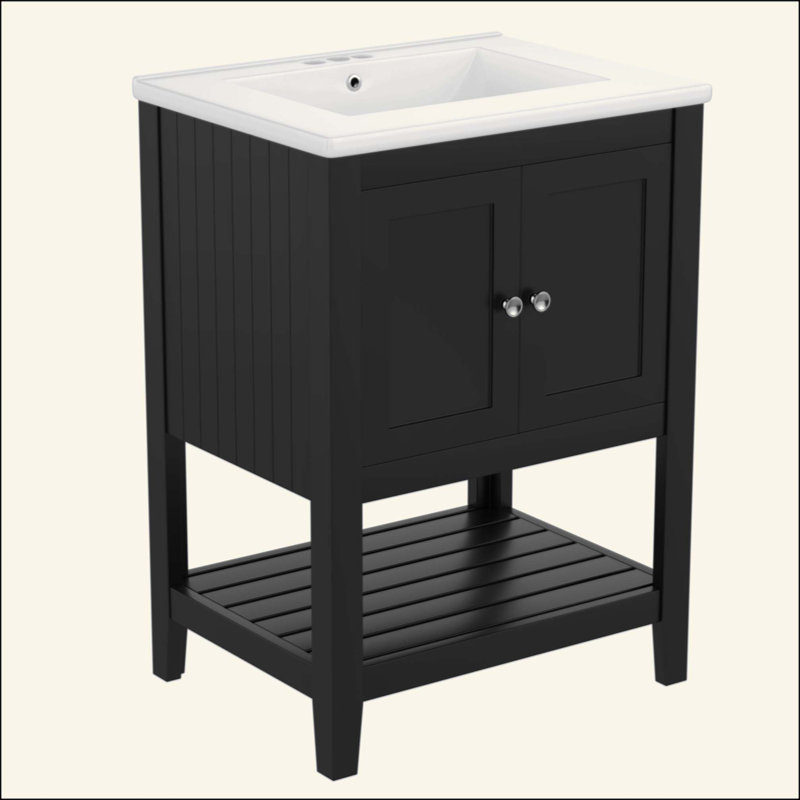 Lavabo de salle de bain moderne élégant en céramique avec tablette ouverte en bois massif, Black