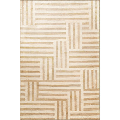 Tapis en polypropylène à motif rayé de couleur beige à motif numérique Noemie